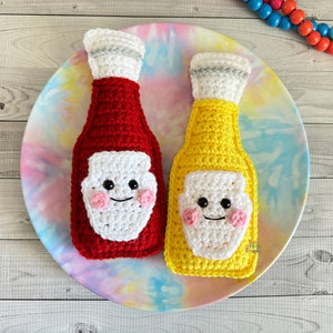 Wzór na szydełkowanie sosu musztardowego z ketchupem, wzór Amigurumi na sos musztardowy z ketchupem, sos musztardowy z ketchupem Kawaii Cuddler, sos musztardowy z ketchupem