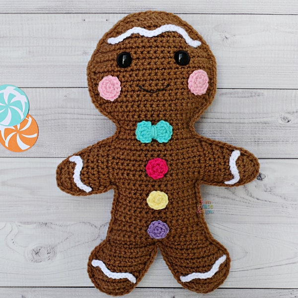 Schema all'uncinetto per peluche amigurumi omino di pan di zenzero, modello kawaii, bambola di pezza, download digitale in formato PDF