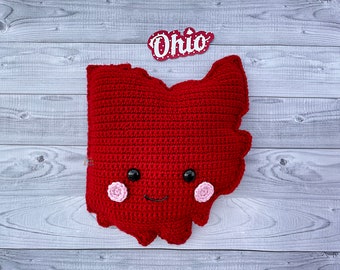 May include: A red crocheted pillow shaped like the state of Ohio with a smiling face, black eyes, and pink cheeks. The pillow is on a light gray wood background with the word "Ohio" in red letters above it.