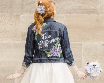 Handpainted Wedding wifey Jacket,  Custom painted bridal jacket, floral painted jacket for bridesmaid or bride