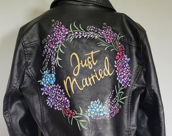 Bespoke custom painted faux leather jacket, wedding jacket, bridal jacket, wifey jacket