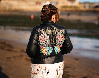 Handpainted faux leather jacket, bride jacket, custom wedding jacket