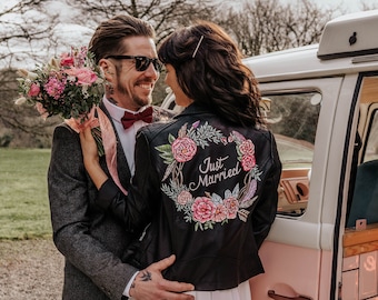 Bespoke custom painted faux leather jacket, wedding jacket