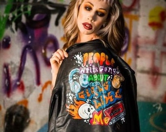 Handpainted faux leather jacket- graffiti style, grunge, streetwear