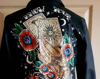 Hand painted tattoo style mystical faux leather jacket, custom painted jacket