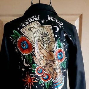 Hand painted tattoo style mystical faux leather jacket, custom painted jacket