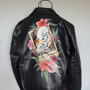 River Island Floral Hand Painted Leather Jacket in Black