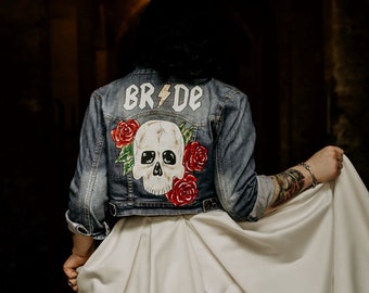 Custom painted denim jacket, bride jacket, wifey jacket, skulls and roses