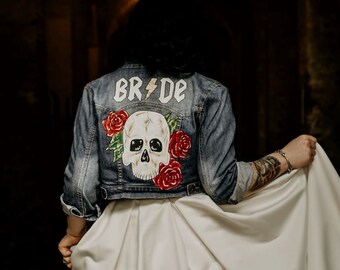 Custom painted denim jacket, bride jacket, wifey jacket, skulls and roses