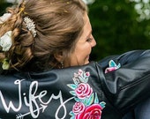 Handpainted custom faux leather personalised wedding jacket, painted wifey jacket for brides or bridesmaids