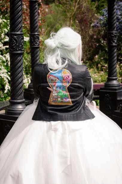 Image of Handpainted Faux Leather Jacket, Custom Painted Alice in Wonderland Inspired Jacket