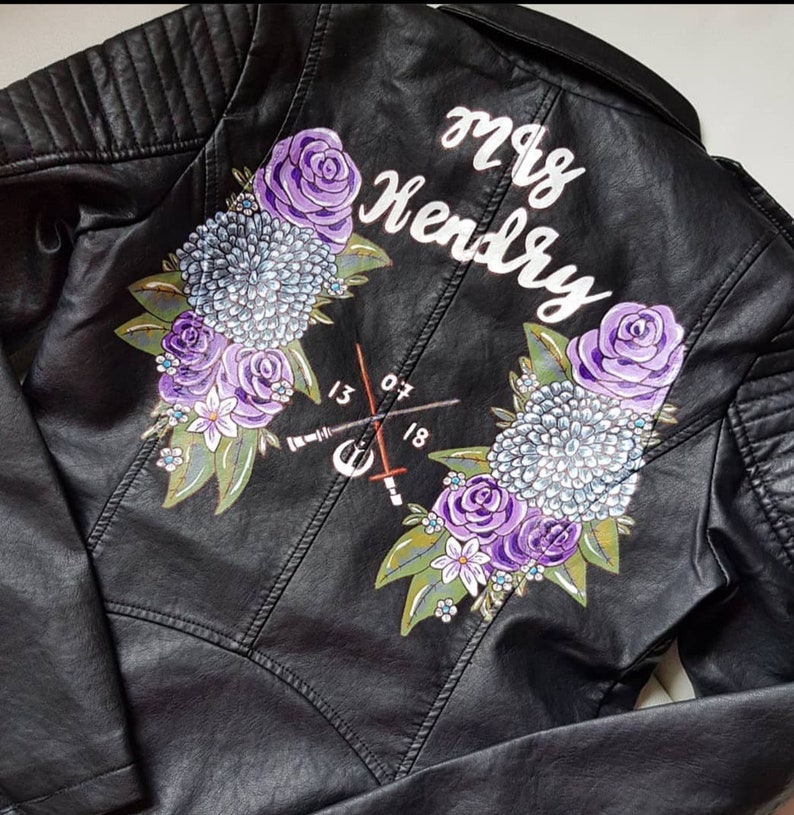 Custom painted personalised wedding jacket handpainted leather bridal jacket