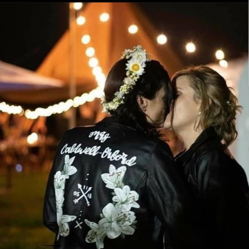 Custom painted personalised wedding jacket handpainted leather bridal jacket