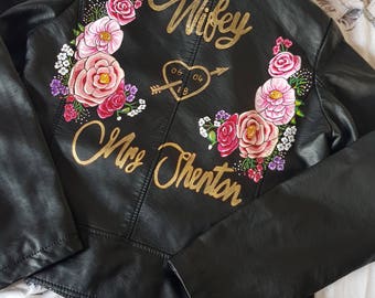 Custom handpainted faux leather jacket, handpainted bride jacket