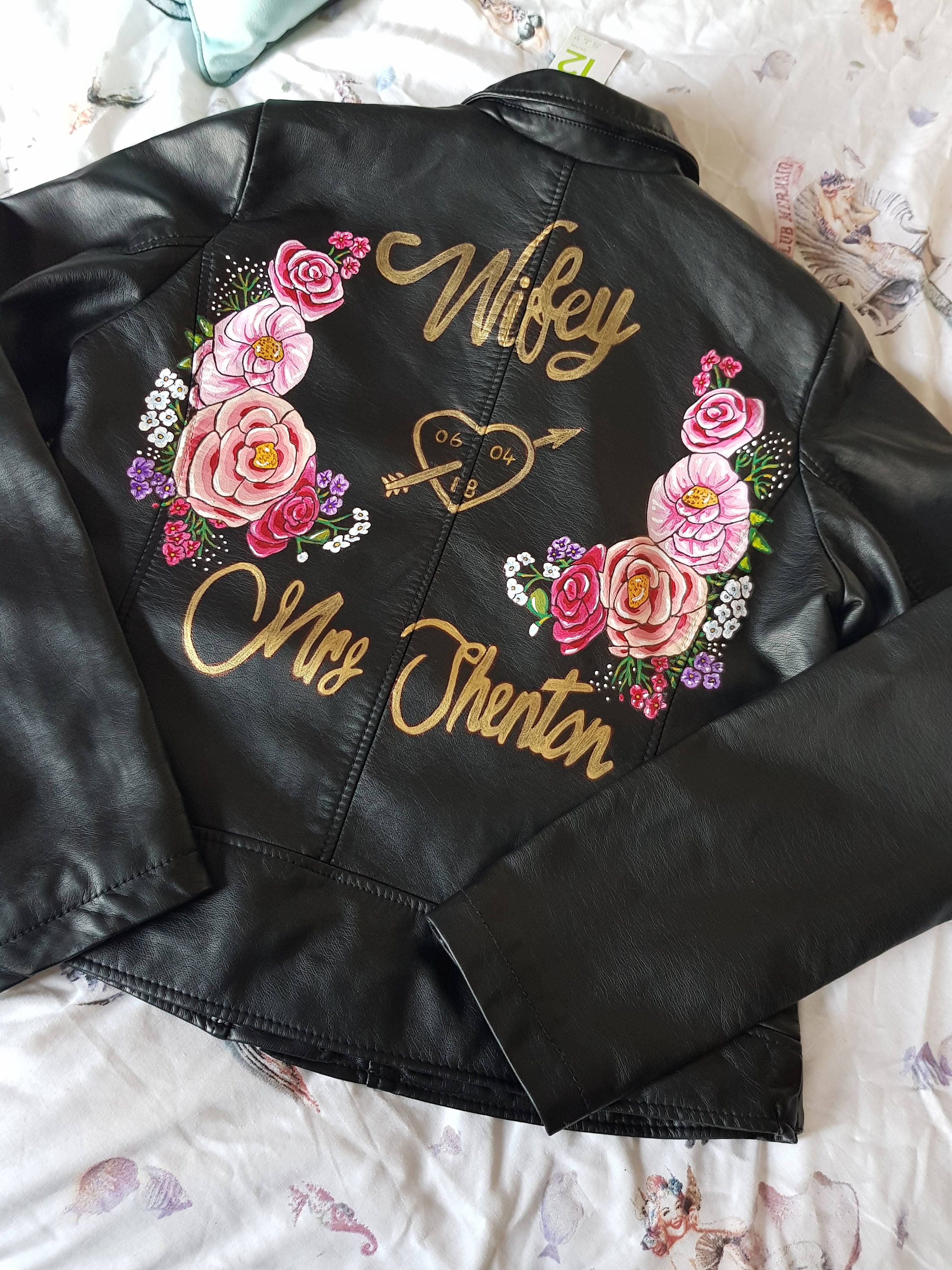 Image of Custom Handpainted Faux Leather Jacket, Bride Jacket