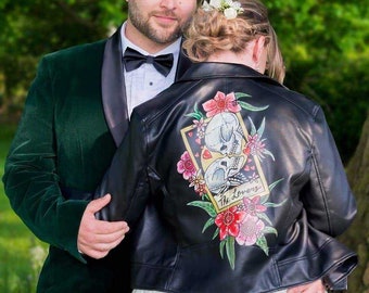 Handpainted faux leather jacket, custom painted wifey jacket, wedding jacket