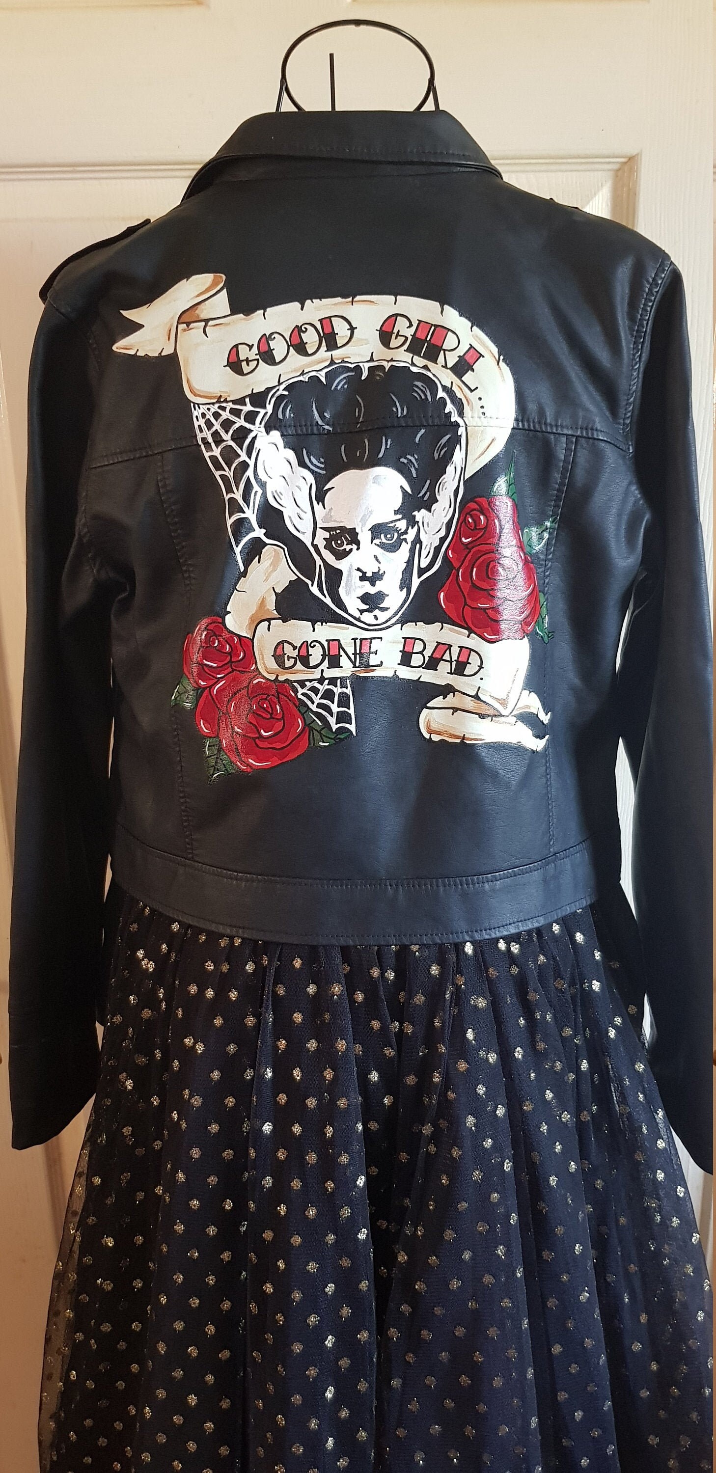 Image of Handpainted Fauc Leather Jacket - Bride Of Frankenstein Custom
