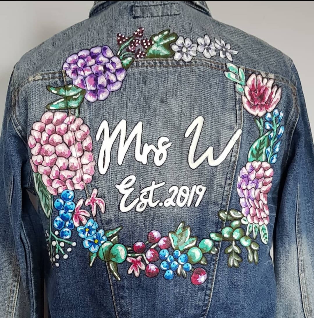 Custom Painted Denim Jacket, Handpainted Wedding Jacket, Wifey Denim Jacket 