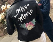 Handpainted custom wedding jacket, faux leather wifey jacket