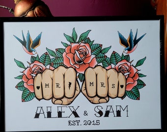 Personalised A4 traditional tattoo style fists and flowers print