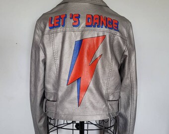 Custom painted jacket, handpainted faux leather biker jacket, Bowie themed