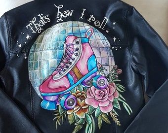 Handpainted faux leather jacket- Rollergirl jacket, Roller Derby