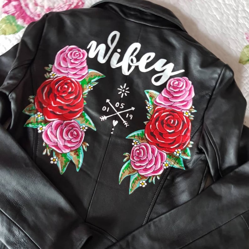 Custom painted personalised wedding jacket handpainted leather bridal jacket