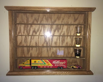 Beautiful Hand Crafted Oak Shot Glass 1/64 Scale Nascar Hauler Tanker Trailer Semi HO Trains Display 1/43 Scale Case With Sliding Door