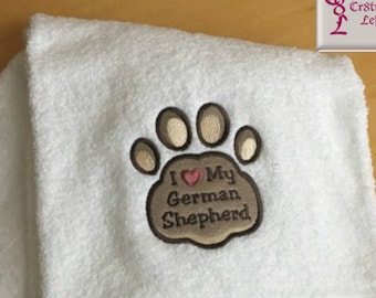 I Love My Dog Embroidered Bath Towel |40 Breeds Avail | Handmade | German Shepherd | Pet Towel | Puppy Love | Grooming Towel