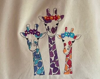 Blossoming Giraffes Embroidered Canvas Tote Bag | Handmade | Magnetic Snap | Reusable | Shoulder Straps | Book Bag | Beach Bag | Shopping