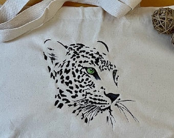 Wild Eyes Leopard Embroidered Canvas Tote Bag | Handmade | Magnetic Snap | Reusable | Shoulder Straps | Book Bag | Shopping | Beach Bag