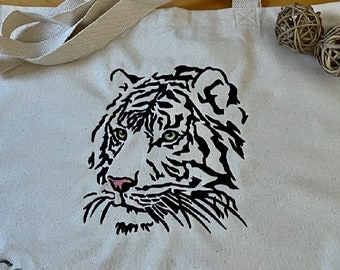 Wild Eyes Tiger Embroidered Canvas Tote Bag | Handmade | Magnetic Snap | Reusable | Shoulder Straps | Book Bag | Shopping | Beach Bag