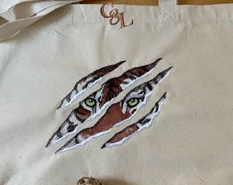 Hear Me Roar Tiger Embroidered Canvas Tote Bag | Handmade | Magnetic Snap | Reusable | Shoulder Straps | Book Bag | Shopping | Beach Bag