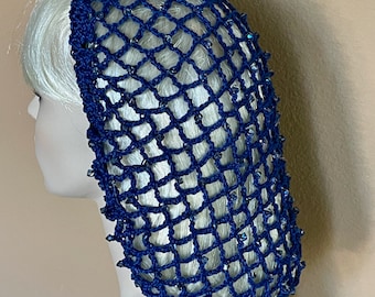 May include: A navy blue crochet hair net with iridescent beads. The net is worn on a mannequin with blonde hair.