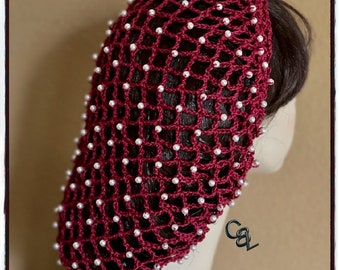 Medieval Renaissance Victorian Burgundy Mesh Snood with Faux Pearl Beads | Hand Braided Drawstring | Larping | Handmade | Headpiece