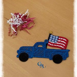 American Flag Lace Retro Truck | Handmade | Gift Topper | Gift Tag | Ornament | Embroidery | Patriotic | Decor | FSL | Ready to Ship