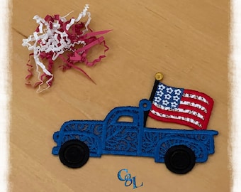 Camion rétro en dentelle drapeau américain | Fait à la main | Topper cadeau | Étiquette cadeau | Ornement | Broderie | Patriotique | Décor | FLS | Prêt pour l'expédition
