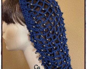 Medieval Renaissance Victorian Blue Mesh Snood with Gun Metal Steel Beads | Hand Braided Drawstring | Headpiece | Larping | Handmade