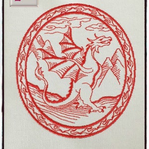May include: Embroidered artwork featuring a red dragon within a circular frame. The dragon is set against a backdrop of mountains and clouds, all rendered in a detailed, stitched design. The artwork is on a white background with a dark border.