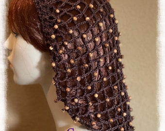 Medieval Renaissance Victorian Chocolate Brown Snood with Olive Wood Beads | Handmade | Hand Braided Drawstring | Headpiece | Larping