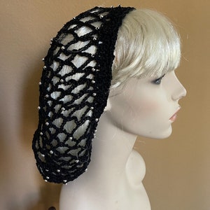 Medieval Renaissance or Victorian Black Snood with Silver Beads | Handmade | Crochet | Bling | Hand Braided Drawstring | Headpiece | Larping