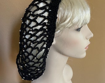 Medieval Renaissance or Victorian Black Snood with Silver Beads | Handmade | Crochet | Bling | Hand Braided Drawstring | Headpiece | Larping