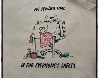 Sewing for Everyone's Safety Cat Embroidered Canvas Tote Bag | Handmade | Magnetic Snap | Reusable | Shoulder Straps | Book Bag | Beach Bag