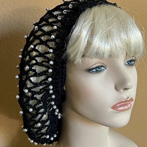 Medieval Renaissance or Victorian Black Snood with Pearl Beads | Handmade | Crochet | Hand Braided Drawstring | Headpiece | Larping