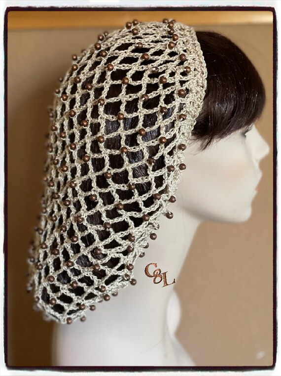 Cream Mesh Crochet Snood With Antique Copper Steel Beads 