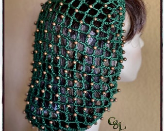 Medieval Renaissance Victorian Dark Green Mesh Snood with Antique Copper Steel Beads | Hand Braided Drawstring | Larping | Handmade