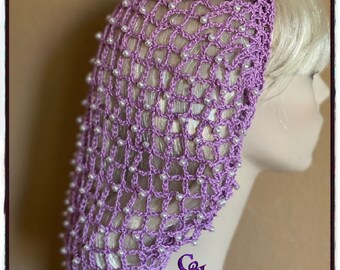 Medieval Renaissance Victorian Lilac Mesh Snood with Faux Pearl Beads | Hand Braided Drawstring | Larping | Handmade | Headpiece | Dagohir