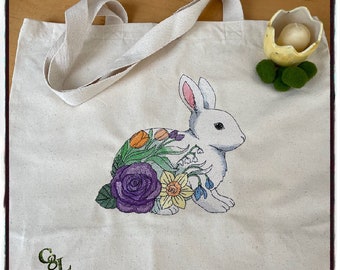 Woodland Blooms Bunny Embroidered Canvas Tote Bag | Handmade | Magnetic Snap | Reusable | Shoulder Straps | Book Bag