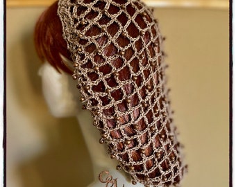Medieval Renaissance Victorian Light Brown Mesh Snood with Antique Copper Steel Beads | Hand Braided Drawstring | Larping | Dagohir