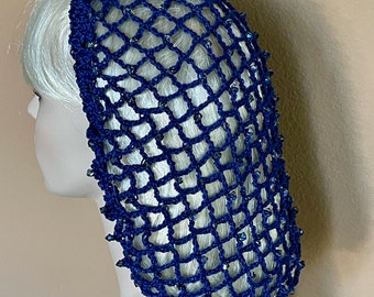 Snood victorien médiéval Renaissance en maille bleue avec perles de cristal bleu | Cordon de serrage tressé à la main | Bandeau | GN | Fait main | Dagorhir